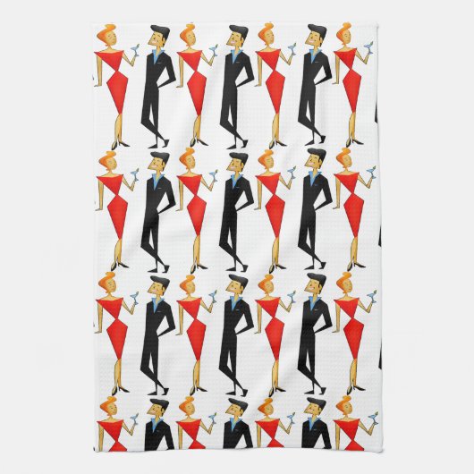 Retro 50s Couple Red Black Cocktails Party Theedoek (Verticaal)