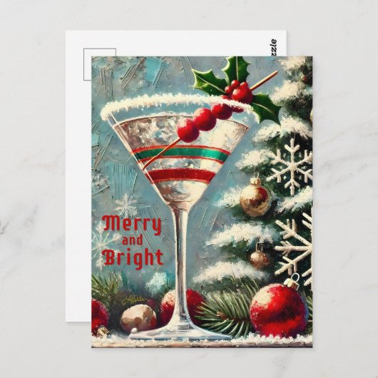 Retro 50s Cranberry Snowflake Christmas Martini Briefkaart (Voorkant / Achterkant)