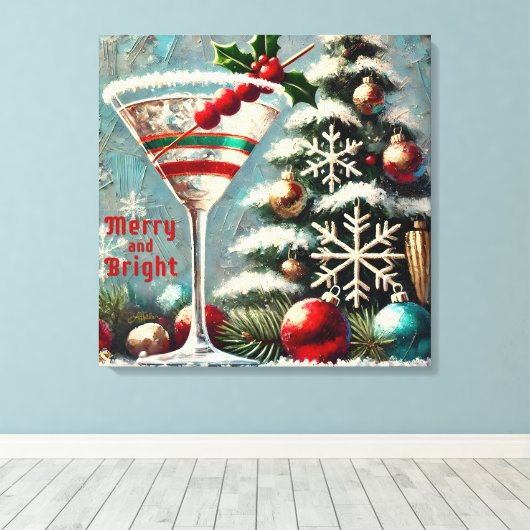 Retro 50s Cranberry Snowflake Christmas Martini Canvas Afdruk (Insitu (Houten vloer))
