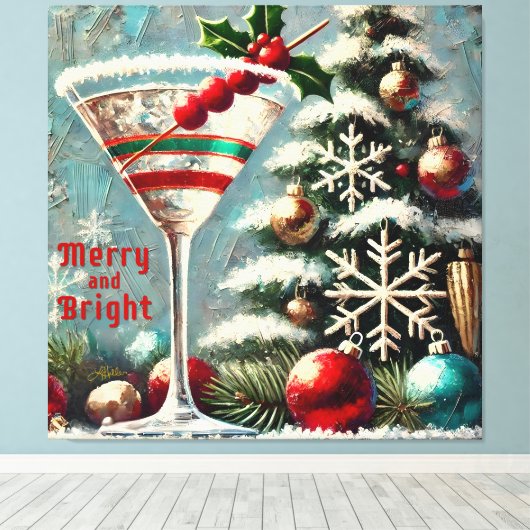 Retro 50s Cranberry Snowflake Christmas Martini Canvas Afdruk (Insitu (Houten vloer))