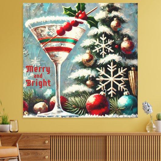 Retro 50s Cranberry Snowflake Christmas Martini Canvas Afdruk (Insitu (Woonkamer))