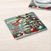 Retro 50s Cranberry Snowflake Christmas Martini Kartonnen Onderzetters (Schuin)