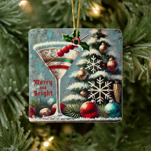 Retro 50s Cranberry Snowflake Christmas Martini Keramisch Ornament (Boom)