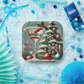 Retro 50s Cranberry Snowflake Christmas Martini Papieren Bordje (Feest)