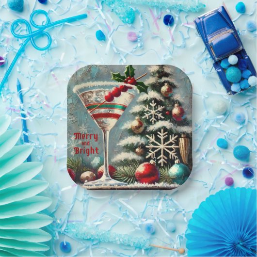 Retro 50s Cranberry Snowflake Christmas Martini Papieren Bordje (Feest)