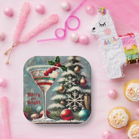 Retro 50s Cranberry Snowflake Christmas Martini Papieren Bordje (Feest)