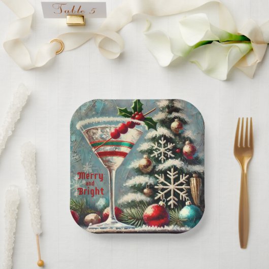 Retro 50s Cranberry Snowflake Christmas Martini Papieren Bordje (Huwelijk)