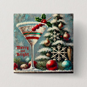 Retro 50s Cranberry Snowflake Christmas Martini Vierkante Button 5,1 Cm
