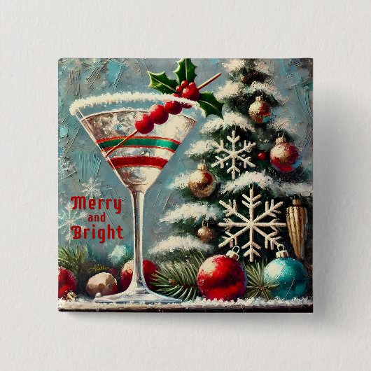 Retro 50s Cranberry Snowflake Christmas Martini Vierkante Button 5,1 Cm (Voorkant)