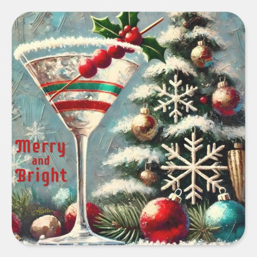 Retro 50s Cranberry Snowflake Christmas Martini Vierkante Sticker (Voorkant)