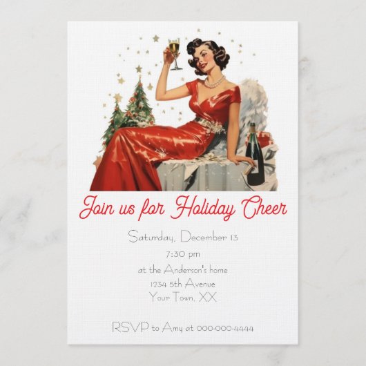 Retro 50's Dame in het Rood Kerstfeest Kaart (Voorkant)