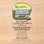 Retro 50s Diner Sock Hop Verjaardagsfeest Thema Acryl Uitnodigingen (Voorkant)
