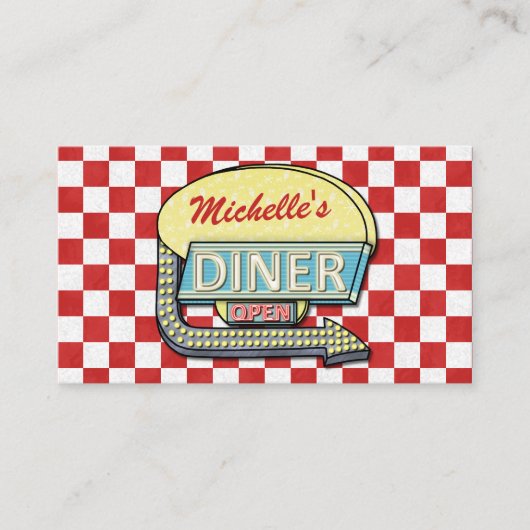 Retro 50's Diner Teken Rood Geruit Restaurant Visitekaartje (Voorkant)