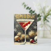 Retro 50s Drievoudige Cranberry Kerst Martini Briefkaart (Staand voorkant)