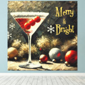 Retro 50s Drievoudige Cranberry Kerst Martini Canvas Afdruk (Insitu (Houten vloer))