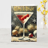 Retro 50s Drievoudige Cranberry Kerst Martini Kaart (Gele Bloem)