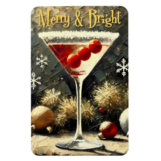 Retro 50s Drievoudige Cranberry Kerst Martini Magneet (Verticaal)