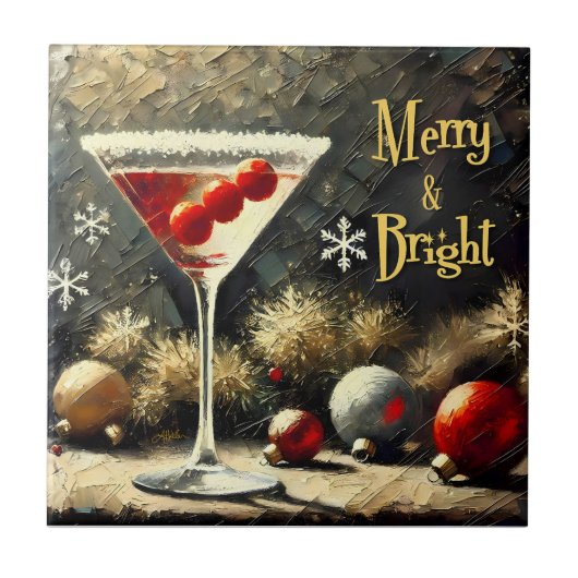 Retro 50s Drievoudige Cranberry Kerst Martini Tegeltje (Voorkant)