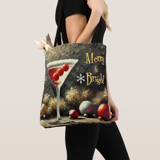 Retro 50s Drievoudige Cranberry Kerst Martini Tote Bag (Dichtbij)