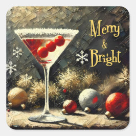 Retro 50s Drievoudige Cranberry Kerst Martini Vierkante Sticker