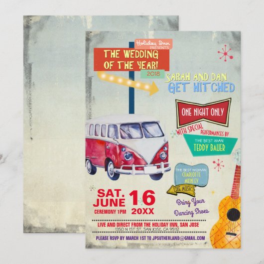 Retro 50's huwelijksuitnodiging kaart (Voorkant / Achterkant)