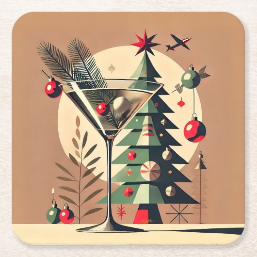 Retro 50s Jet Set Christmas Tree Martini Kartonnen Onderzetters (Voorkant)