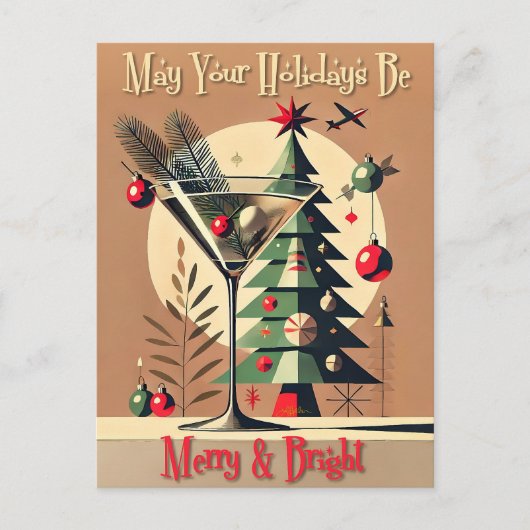 Retro 50s Jet Set Kerstboom Martini Briefkaart (Voorkant)