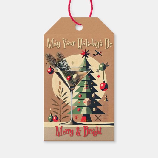 Retro 50s Jet Set Kerstboom Martini Cadeaulabel (Voorkant)