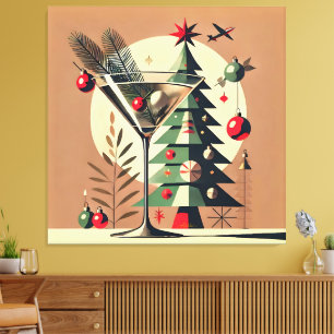 Retro 50s Jet Set Kerstboom Martini Canvas Afdruk