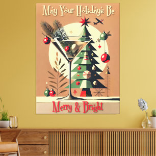 Retro 50s Jet Set Kerstboom Martini Canvas Afdruk