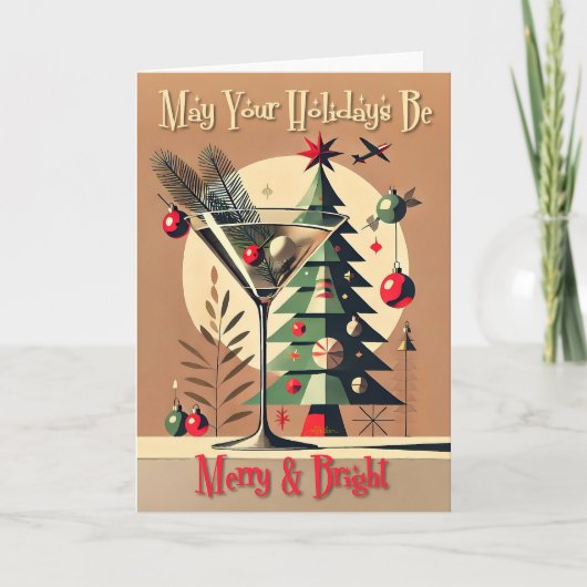 Retro 50s Jet Set Kerstboom Martini Kaart (Voorkant)