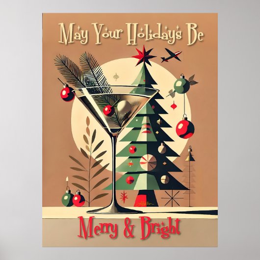 Retro 50s Jet Set Kerstboom Martini Poster (Voorkant)