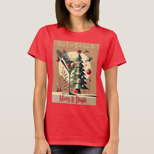 Retro 50s Jet Set Kerstboom Martini T-shirt (Voorkant)