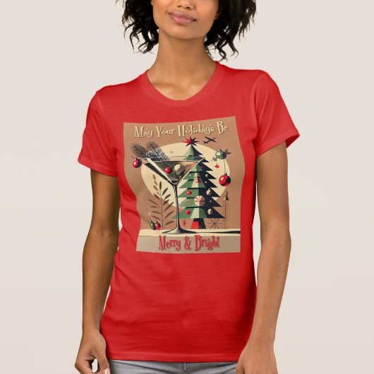 Retro 50s Jet Set Kerstboom Martini T-shirt (Voorkant)