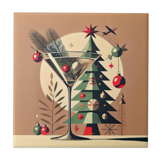 Retro 50s Jet Set Kerstboom Martini Tegeltje (Voorkant)