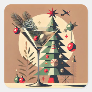 Retro 50s Jet Set Kerstboom Martini Vierkante Sticker