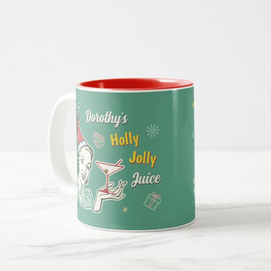Retro 50s Kerst Holly Jolly Juice Grappig Custom Tweekleurige Koffiemok (Voorkant links)