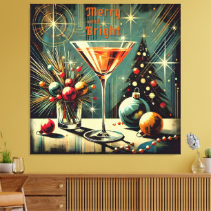 Retro 50s Kerstfeest Martini Merry & Bright Canvas Afdruk