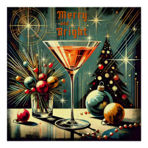Retro 50s Kerstfeest Martini Merry & Bright Perfect Poster