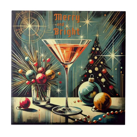 Retro 50s Kerstfeest Martini Merry & Bright Tegeltje (Voorkant)