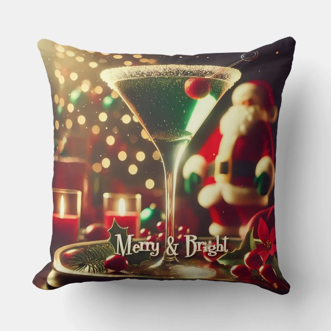 Retro 50s Kerstman Christmas Groene Martini Kussen (Voorkant)