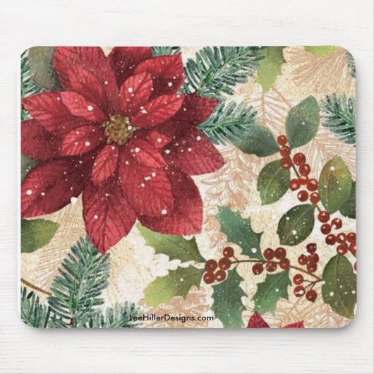 Retro 50s Kerstmis Poinsettia Mousepad Muismat (Voorkant)