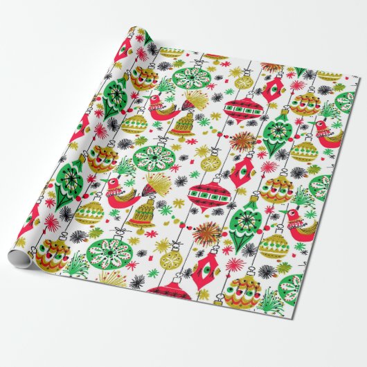 Retro 50s kerstsierdesign cadeaupapier (Uitgerold)