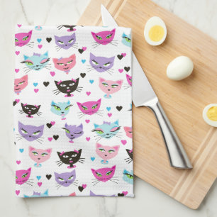 Retro 50's Kitty Meisje Kat Harten Strikken Keuken Theedoek