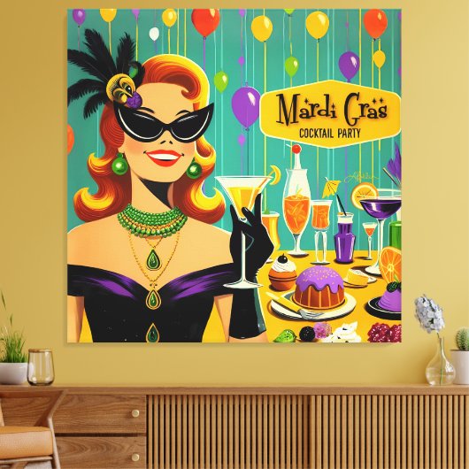 Retro 50s Mardi Gras Cocktail Party Canvas Afdruk (Insitu (Woonkamer))