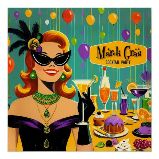Retro 50s Mardi Gras Cocktail Party Perfect Poster (Voorkant)