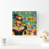 Retro 50s Mardi Gras Cocktail Party Vierkante Klok (Huis)
