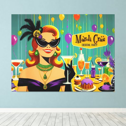 Retro 50s Mardi Gras Martini Cocktail Party Canvas Afdruk (Insitu (Houten vloer))