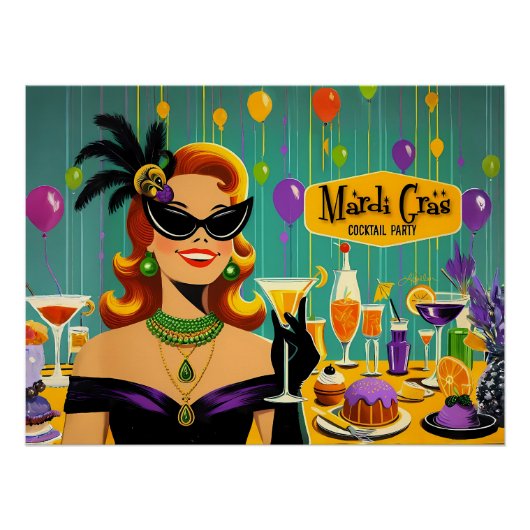 Retro 50s Mardi Gras Martini Cocktail Party Perfect Poster (Voorkant)
