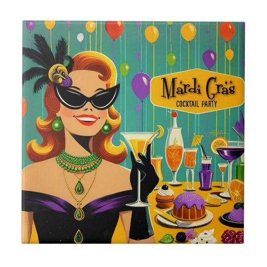 Retro 50s Mardi Gras Martini Cocktailparty Tegeltje (Voorkant)